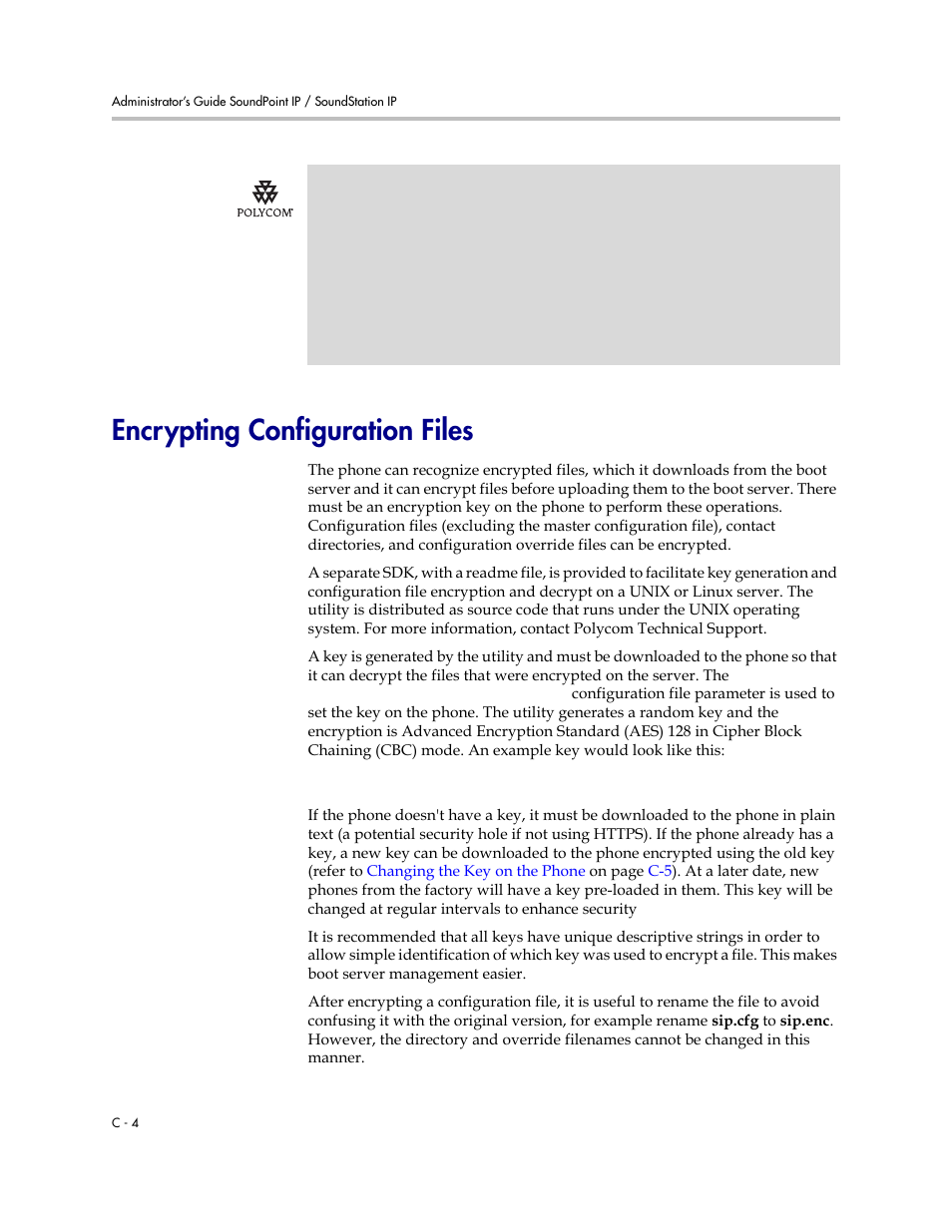 Encrypting configuration files, Encrypting, Configuration files | Polycom SoundPoint IP 601 User Manual | Page 296 / 373