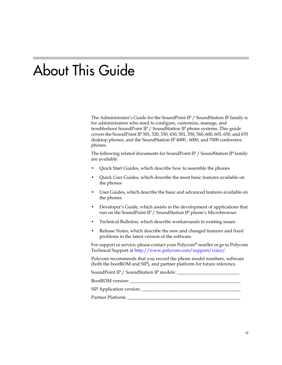 About this guide | Polycom SoundPoint IP 601 User Manual | Page 3 / 373