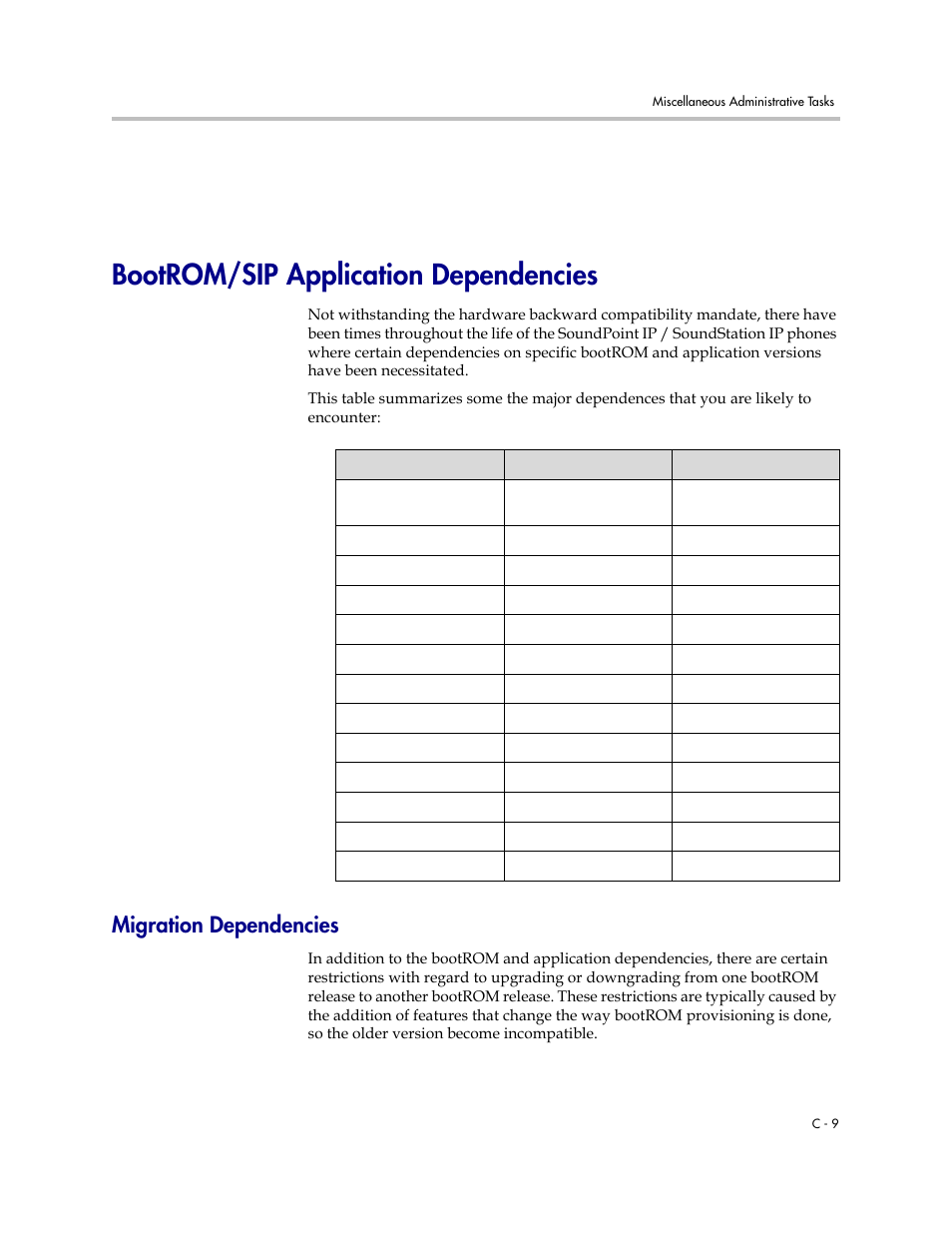 Bootrom/sip application dependencies, Migration dependencies | Polycom SoundPoint IP 601 User Manual | Page 301 / 373