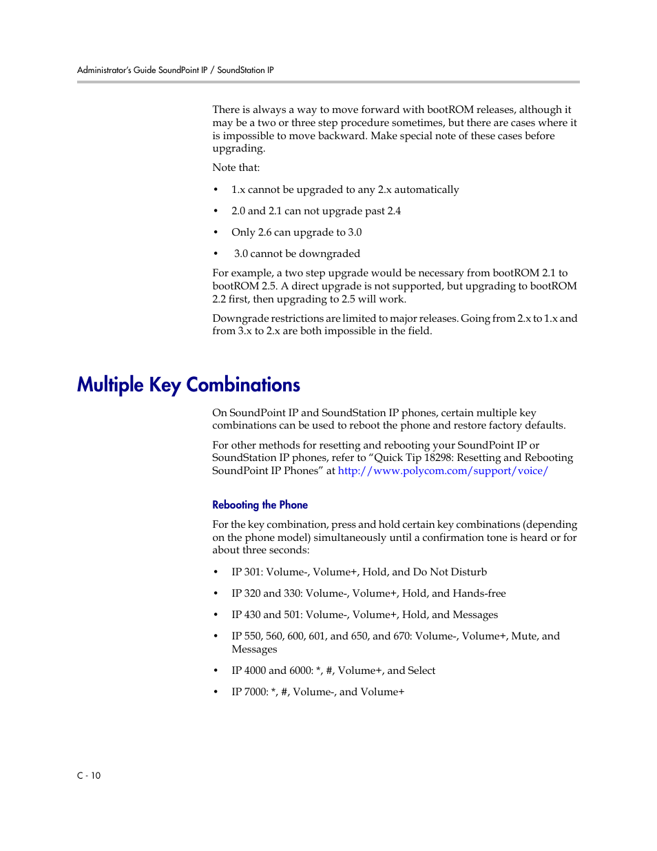 Multiple key combinations, C-10, Rebooting the phone | On p | Polycom SoundPoint IP 601 User Manual | Page 302 / 373