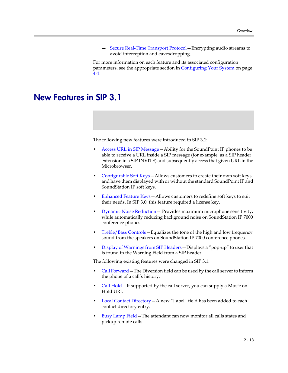 New features in sip 3.1, New features in sip 3.1 –13 | Polycom SoundPoint IP 601 User Manual | Page 31 / 373