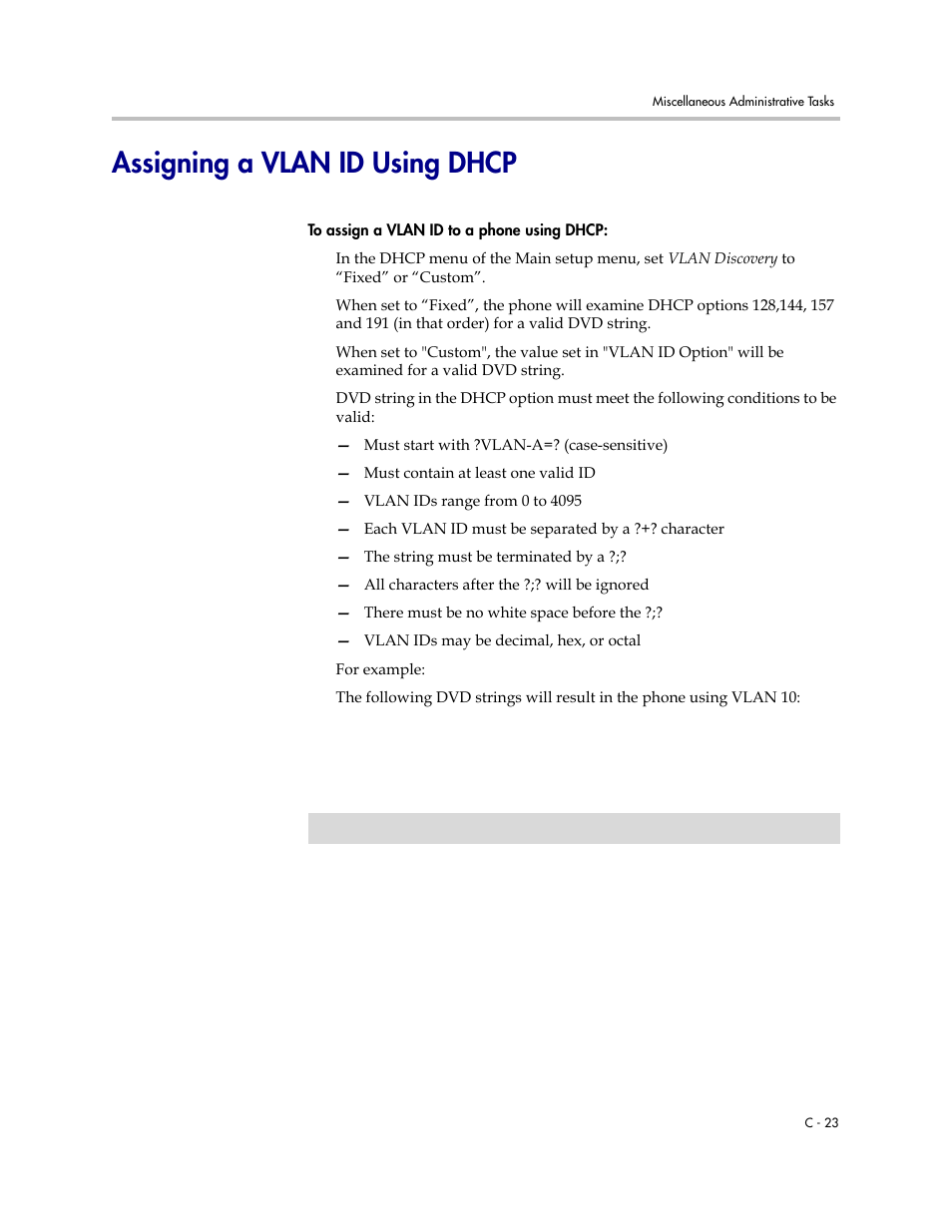 Assigning a vlan id using dhcp, Assigning a vlan id using, Dhcp | C-23 | Polycom SoundPoint IP 601 User Manual | Page 315 / 373