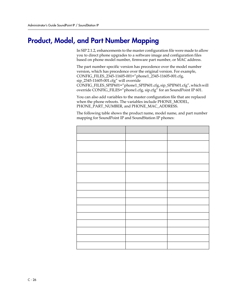 Product, model, and part number mapping, Product, model, and part, Number mapping | C-26 | Polycom SoundPoint IP 601 User Manual | Page 318 / 373