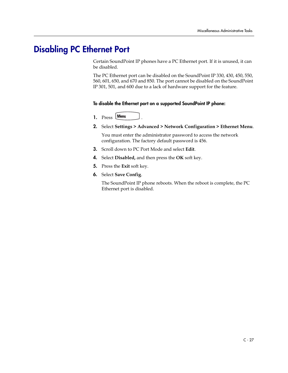 Disabling pc ethernet port, Refer to, C-27 | Polycom SoundPoint IP 601 User Manual | Page 319 / 373