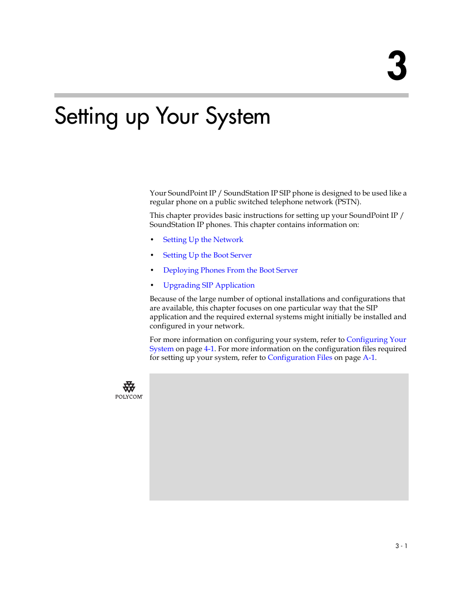 Setting up your system, 3 setting up your system –1 | Polycom SoundPoint IP 601 User Manual | Page 33 / 373