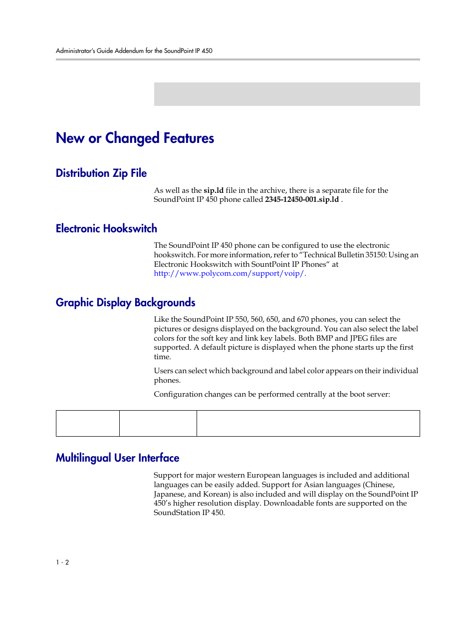 New or changed features, Distribution zip file, Electronic hookswitch | Graphic display backgrounds, Multilingual user interface | Polycom SoundPoint IP 601 User Manual | Page 339 / 373