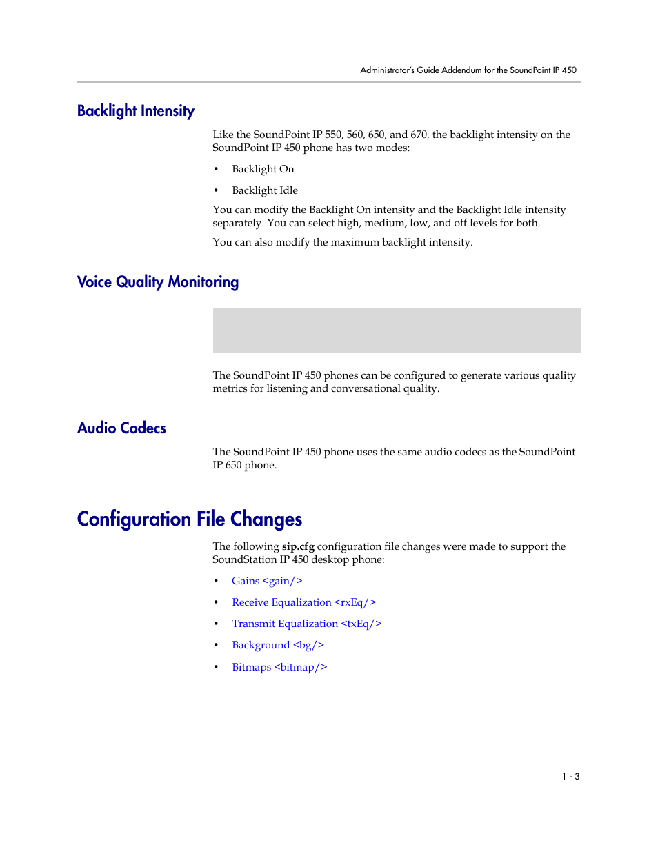 Backlight intensity, Voice quality monitoring, Audio codecs | Configuration file changes | Polycom SoundPoint IP 601 User Manual | Page 340 / 373