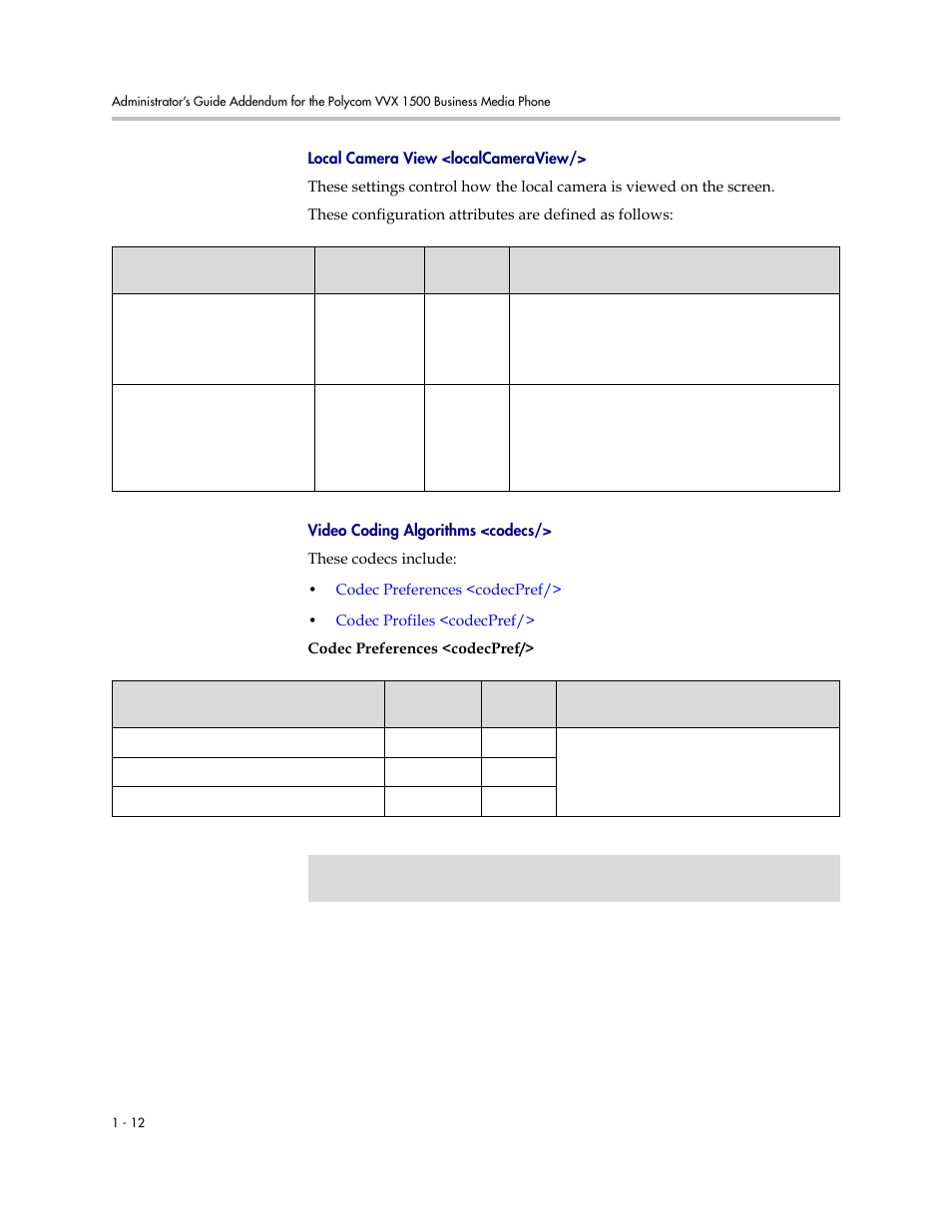 Local camera view, Localcameraview, Codec preferences | Codecpref, Video coding algorithms <codecs | Polycom SoundPoint IP 601 User Manual | Page 359 / 373