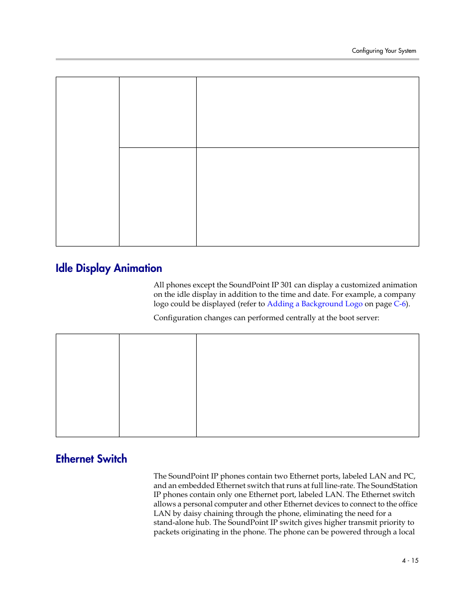 Idle display animation, Ethernet switch, Idle display animation –15 ethernet switch –15 | Polycom SoundPoint IP 601 User Manual | Page 69 / 373