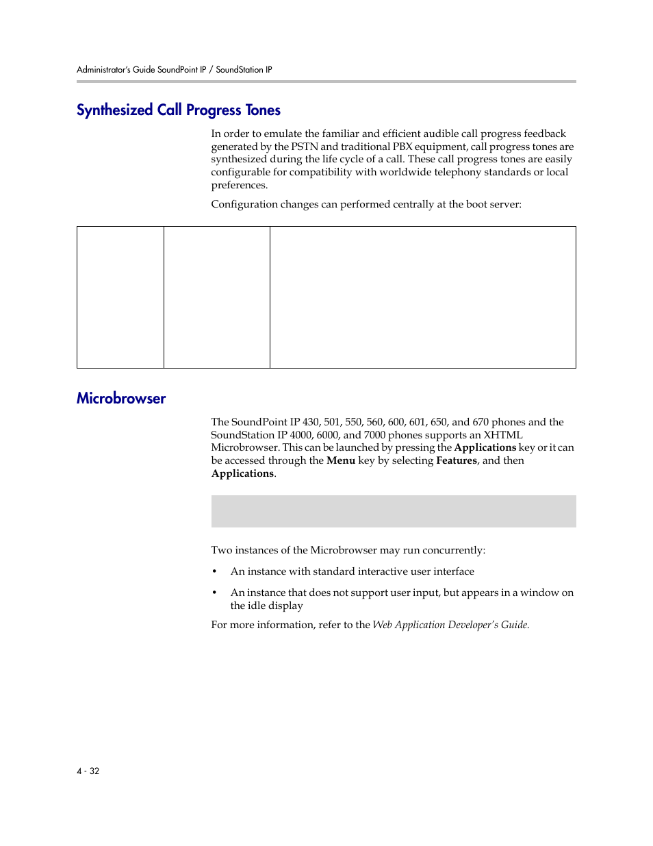 Synthesized call progress tones, Microbrowser, In order to e | Polycom SoundPoint IP 601 User Manual | Page 86 / 373