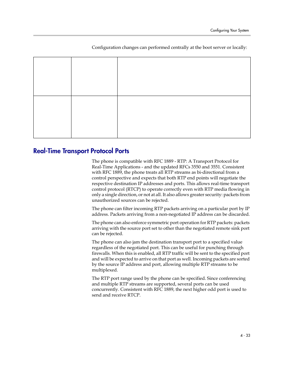 Real-time transport protocol ports, Real-time transport protocol ports –33 | Polycom SoundPoint IP 601 User Manual | Page 87 / 373