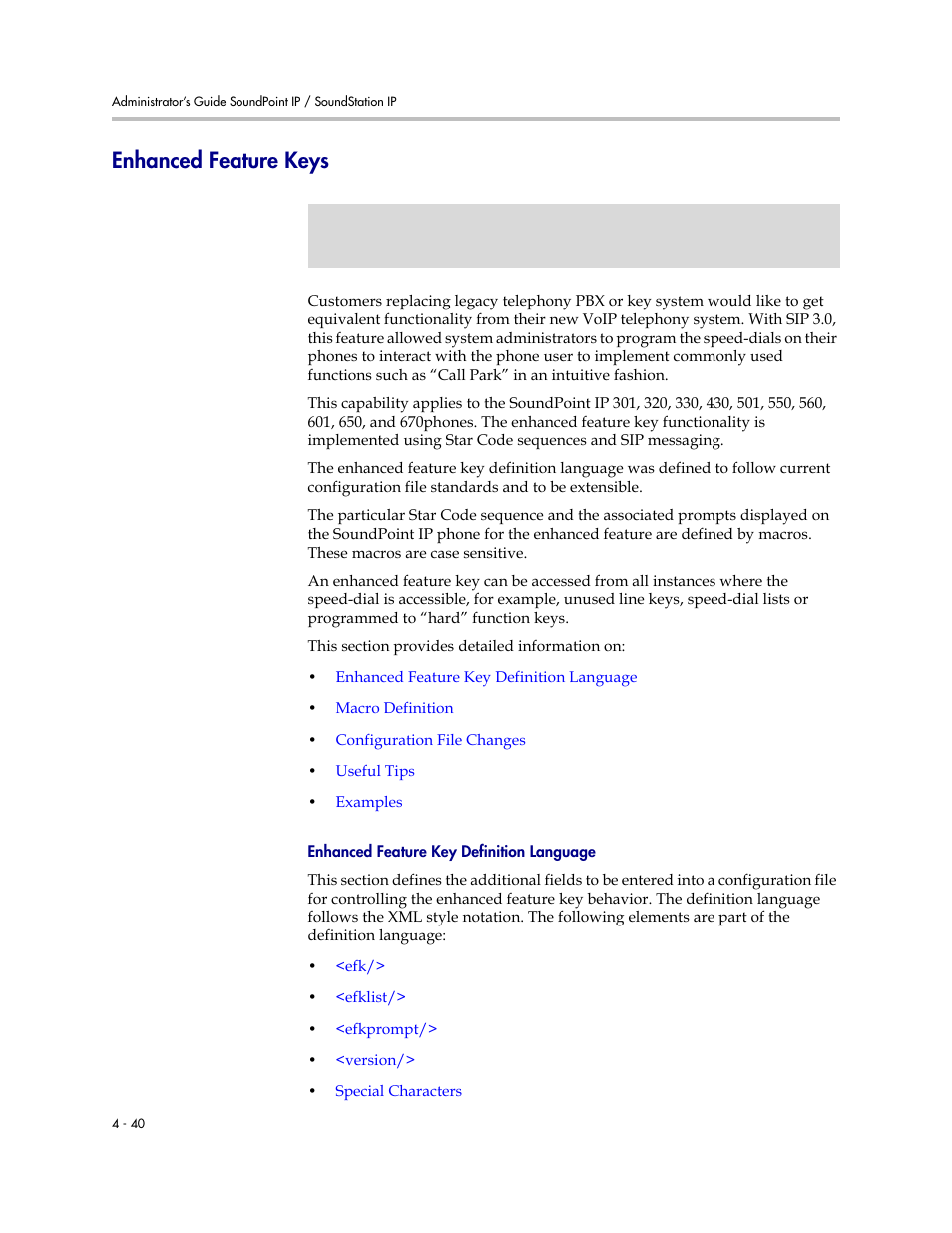 Enhanced feature keys, Enhanced feature keys –40, Allows customers | Polycom SoundPoint IP 601 User Manual | Page 94 / 373