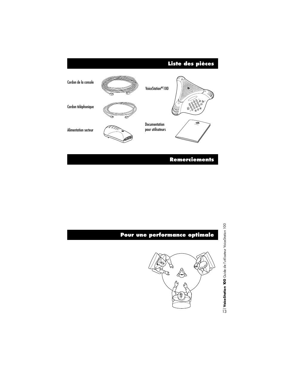 Remerciements, Pour une performance optimale liste des pièces | Polycom VoiceStation 100 User Manual | Page 17 / 41