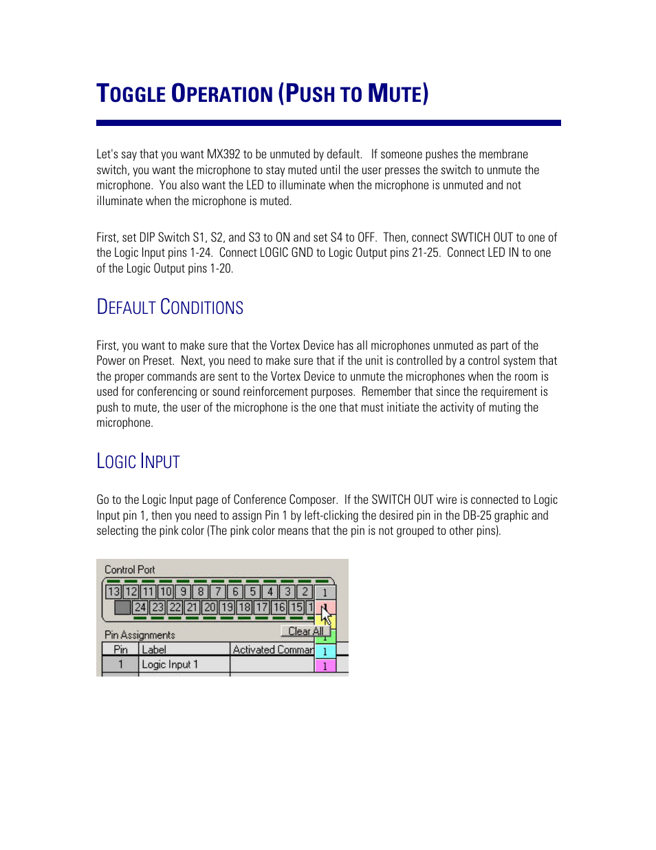 Toggle operation (push to mute), Default conditions, Logic input | Oggle, Peration, Ush to | Polycom MX392 User Manual | Page 13 / 44