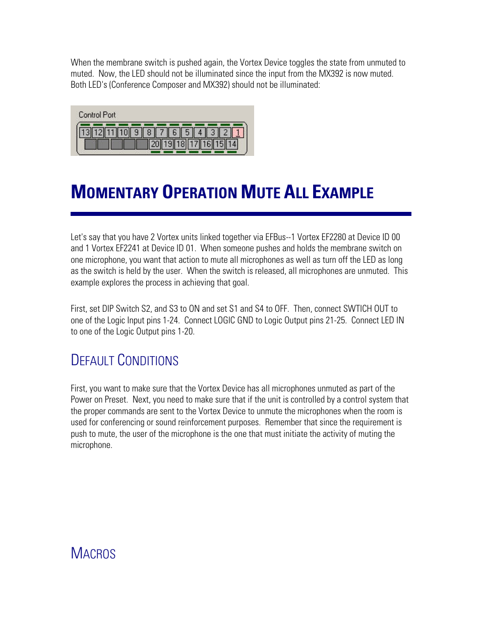 Momentary operation mute all example, Default conditions, Macros | Omentary, Peration, Xample | Polycom MX392 User Manual | Page 35 / 44