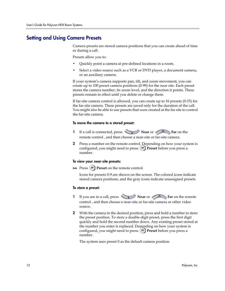 Setting and using camera presets | Polycom HDX User Manual | Page 16 / 49