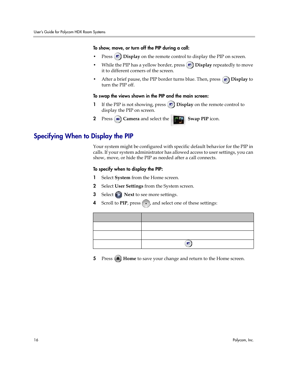Specifying when to display the pip | Polycom HDX User Manual | Page 20 / 49
