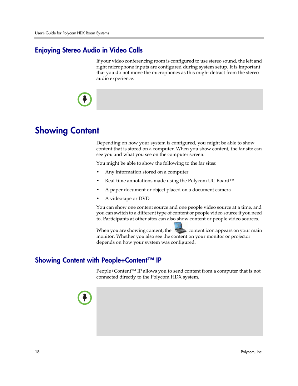 Enjoying stereo audio in video calls, Showing content, Showing content with people+content™ ip | Polycom HDX User Manual | Page 22 / 49