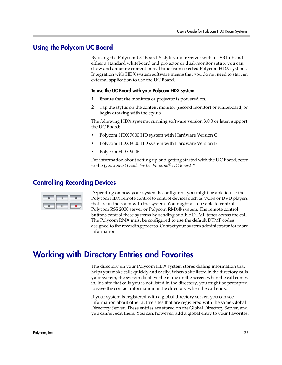 Using the polycom uc board, Controlling recording devices, Working with directory entries and favorites | Polycom HDX User Manual | Page 27 / 49