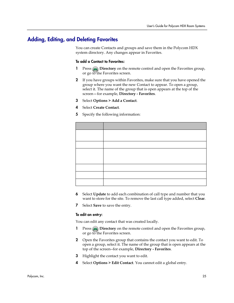 Adding, editing, and deleting favorites | Polycom HDX User Manual | Page 29 / 49