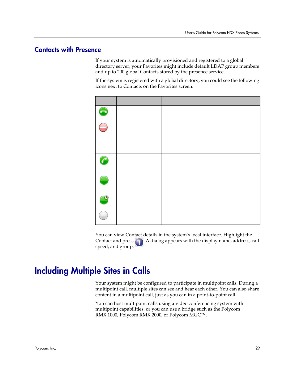 Contacts with presence, Including multiple sites in calls | Polycom HDX User Manual | Page 33 / 49