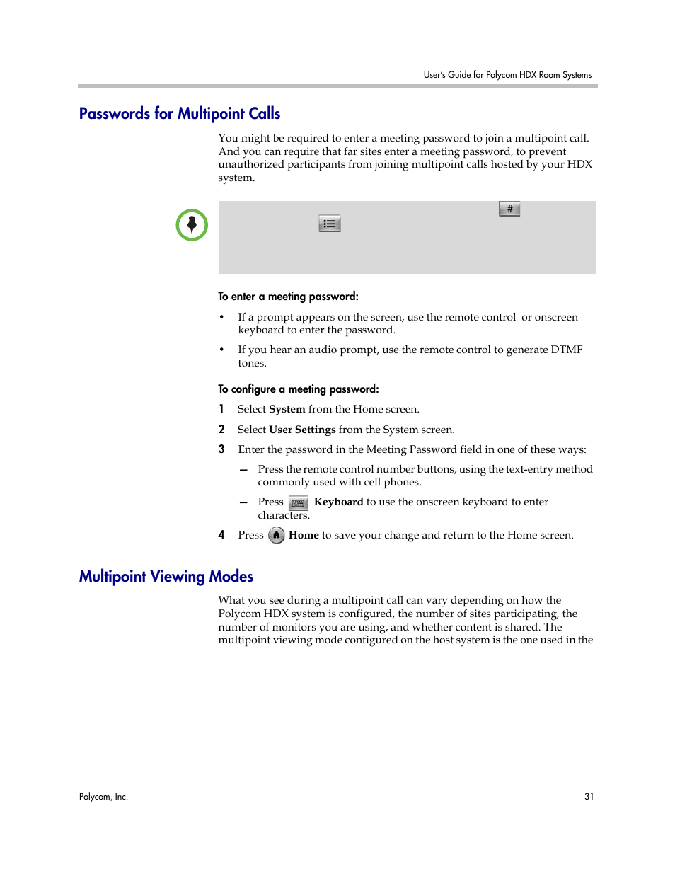 Passwords for multipoint calls, Multipoint viewing modes | Polycom HDX User Manual | Page 35 / 49