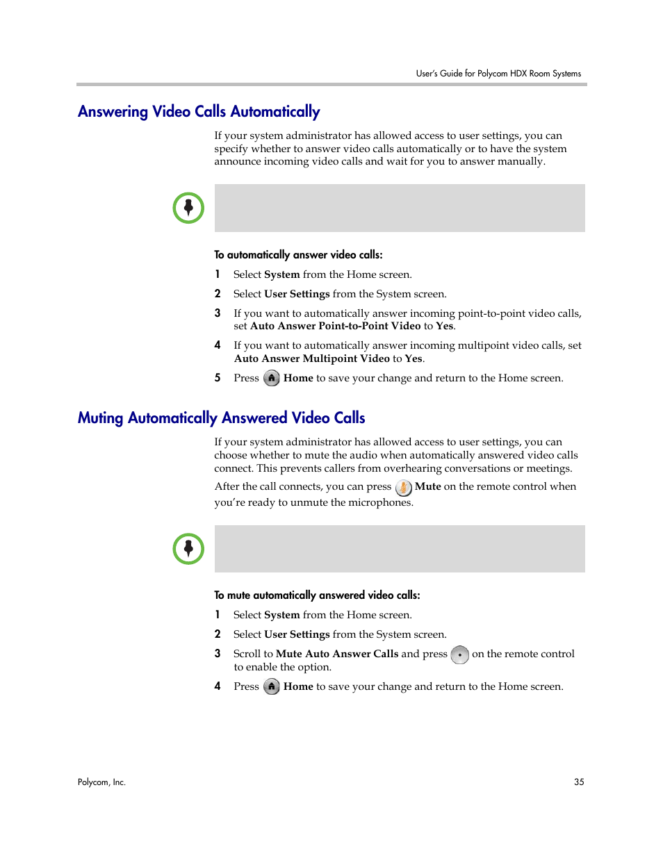 Answering video calls automatically, Muting automatically answered video calls | Polycom HDX User Manual | Page 39 / 49