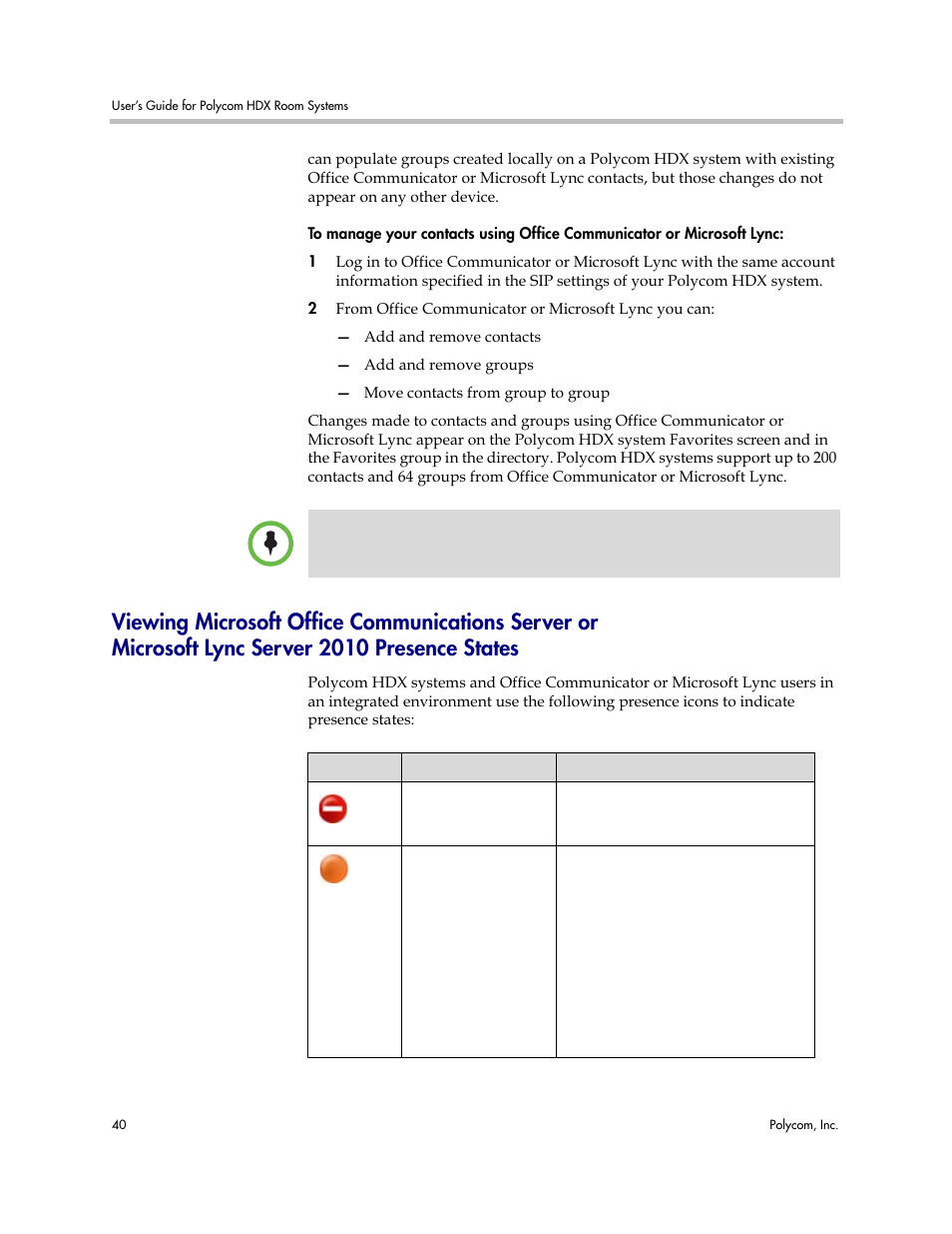 Viewing microsoft office communications server or, Microsoft lync server 2010 presence states | Polycom HDX User Manual | Page 44 / 49