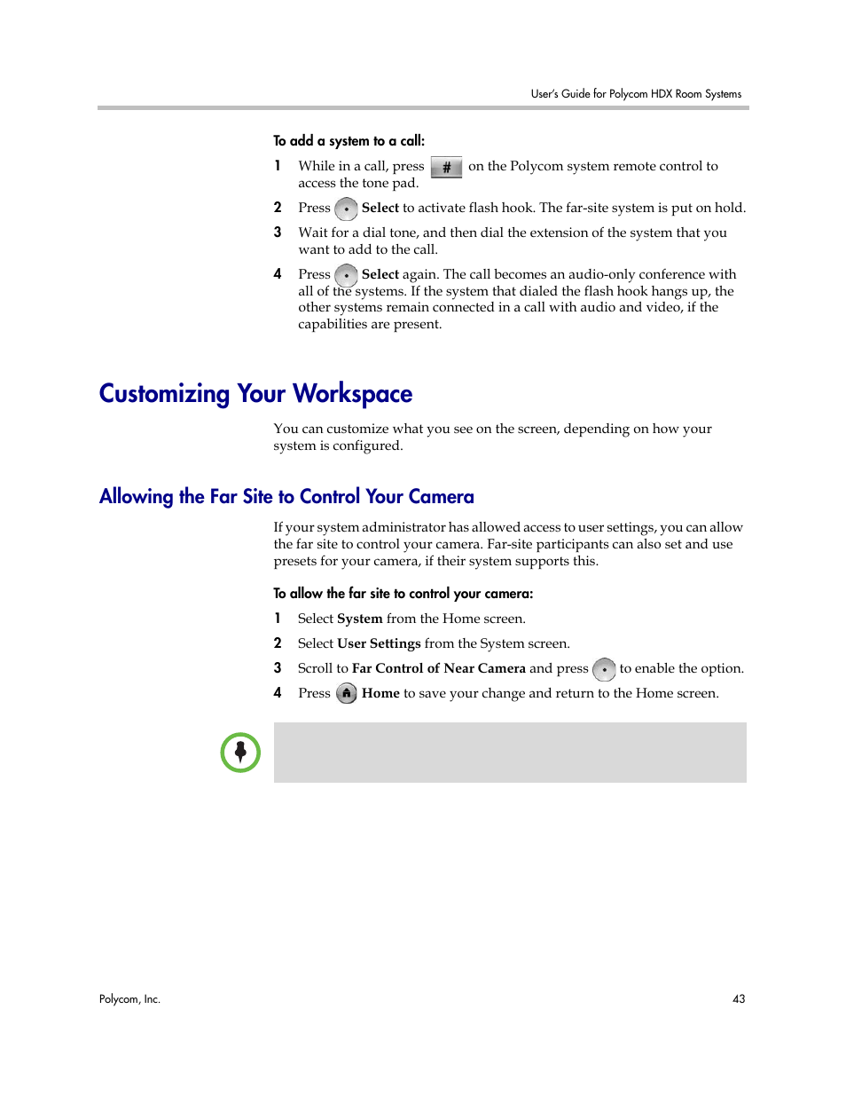 Customizing your workspace, Allowing the far site to control your camera | Polycom HDX User Manual | Page 47 / 49