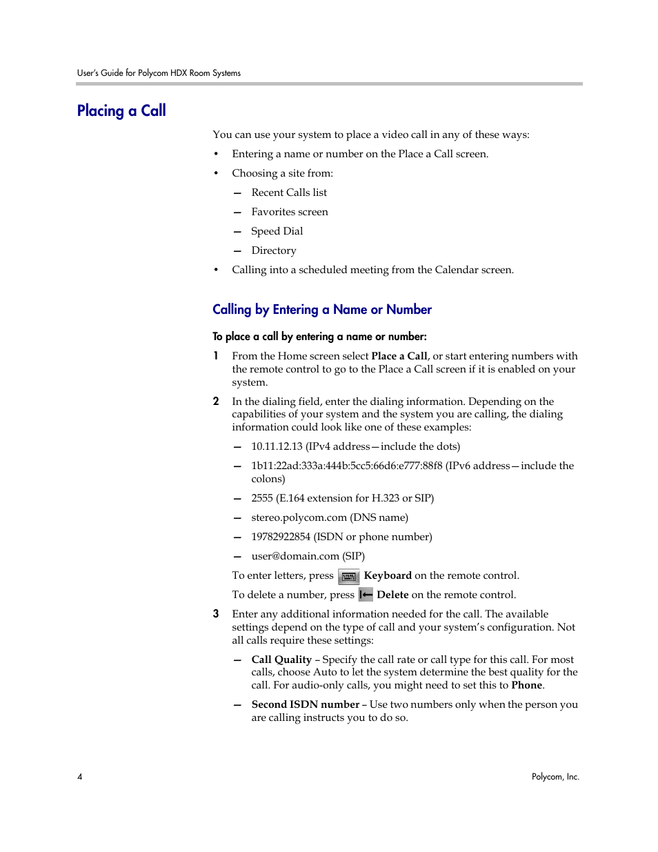 Placing a call, Calling by entering a name or number | Polycom HDX User Manual | Page 8 / 49