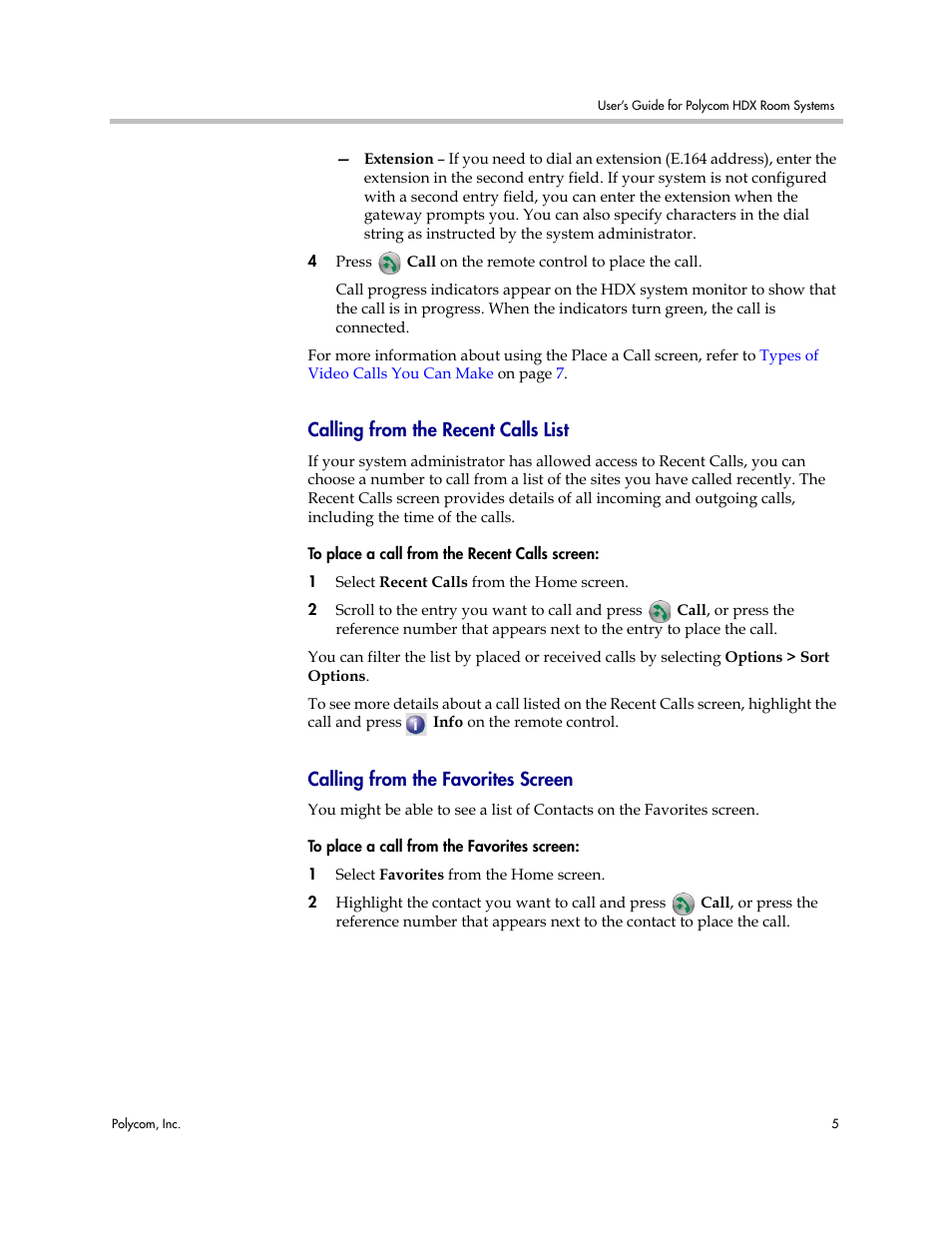 Calling from the recent calls list, Calling from the favorites screen | Polycom HDX User Manual | Page 9 / 49