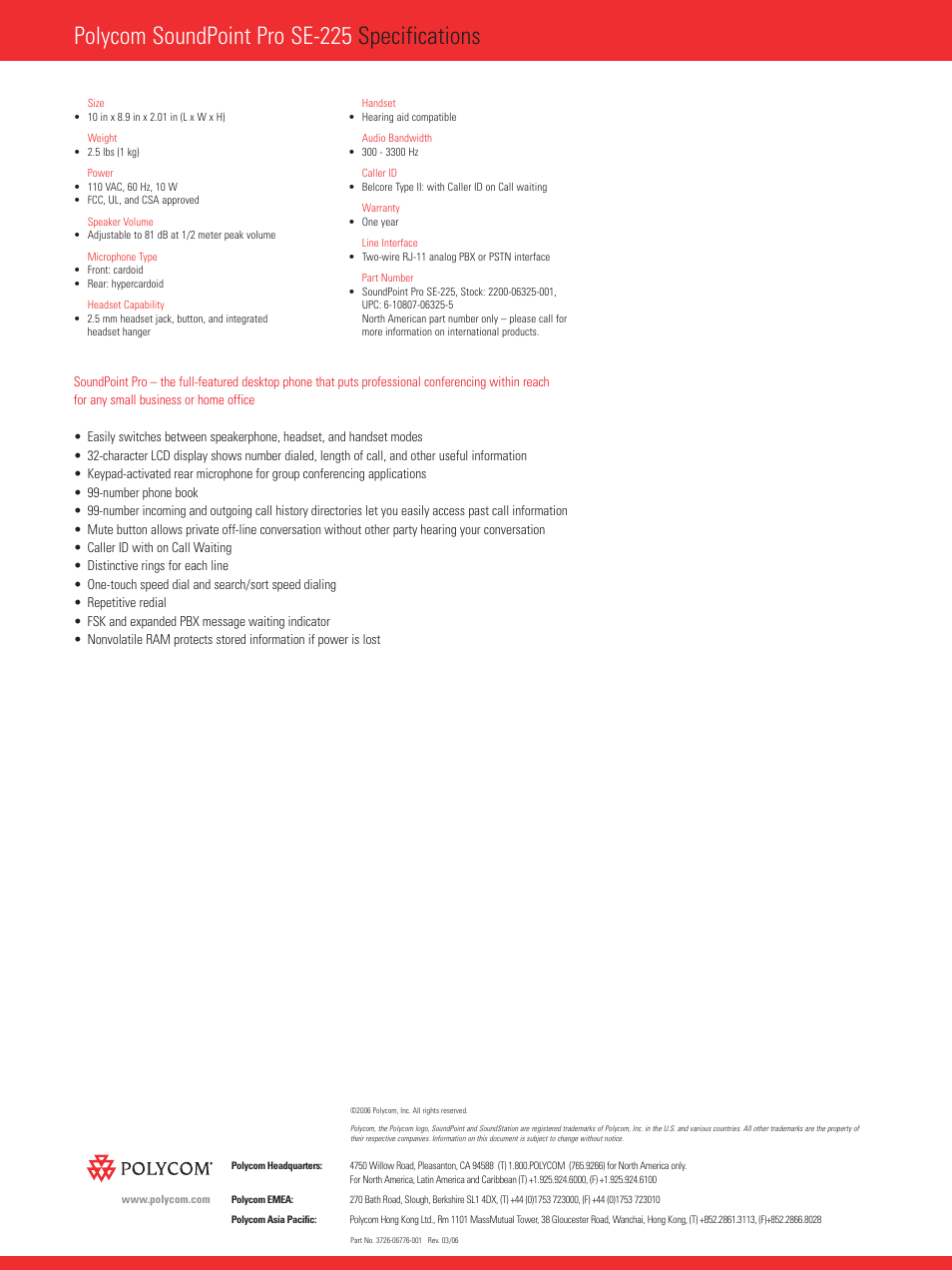 Polycom soundpoint pro se-225 specifications | Polycom Soundpoint Pro 2200-06325-001 User Manual | Page 2 / 2