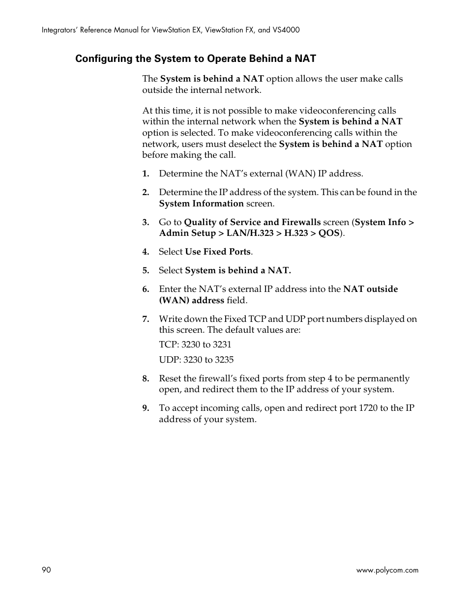 Configuring the system to operate behind a nat | Polycom ViewStation EX4000 User Manual | Page 100 / 150