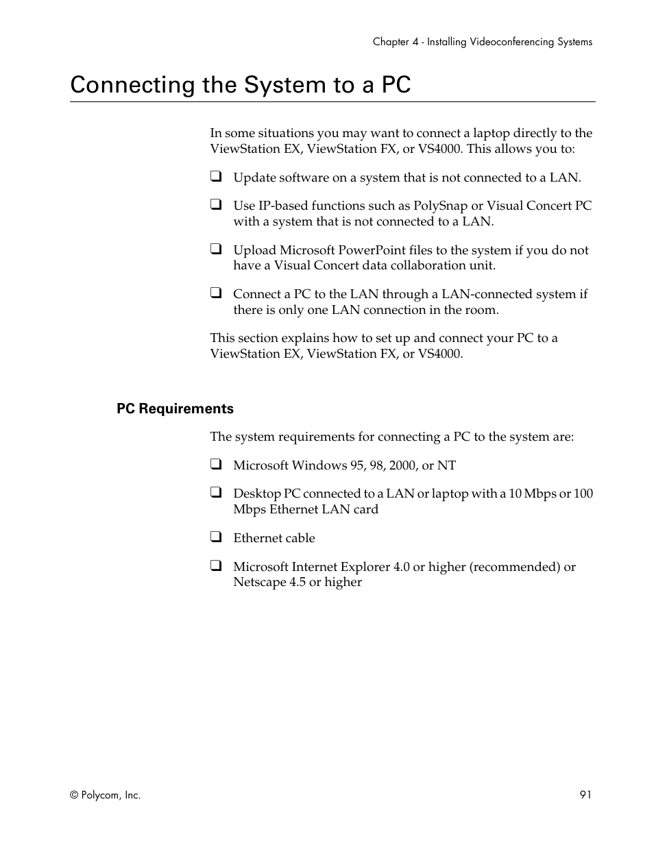 Connecting the system to a pc, Pc requirements | Polycom ViewStation EX4000 User Manual | Page 101 / 150