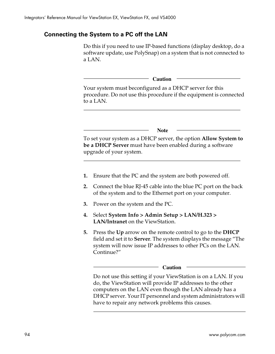 Connecting the system to a pc off the lan | Polycom ViewStation EX4000 User Manual | Page 104 / 150
