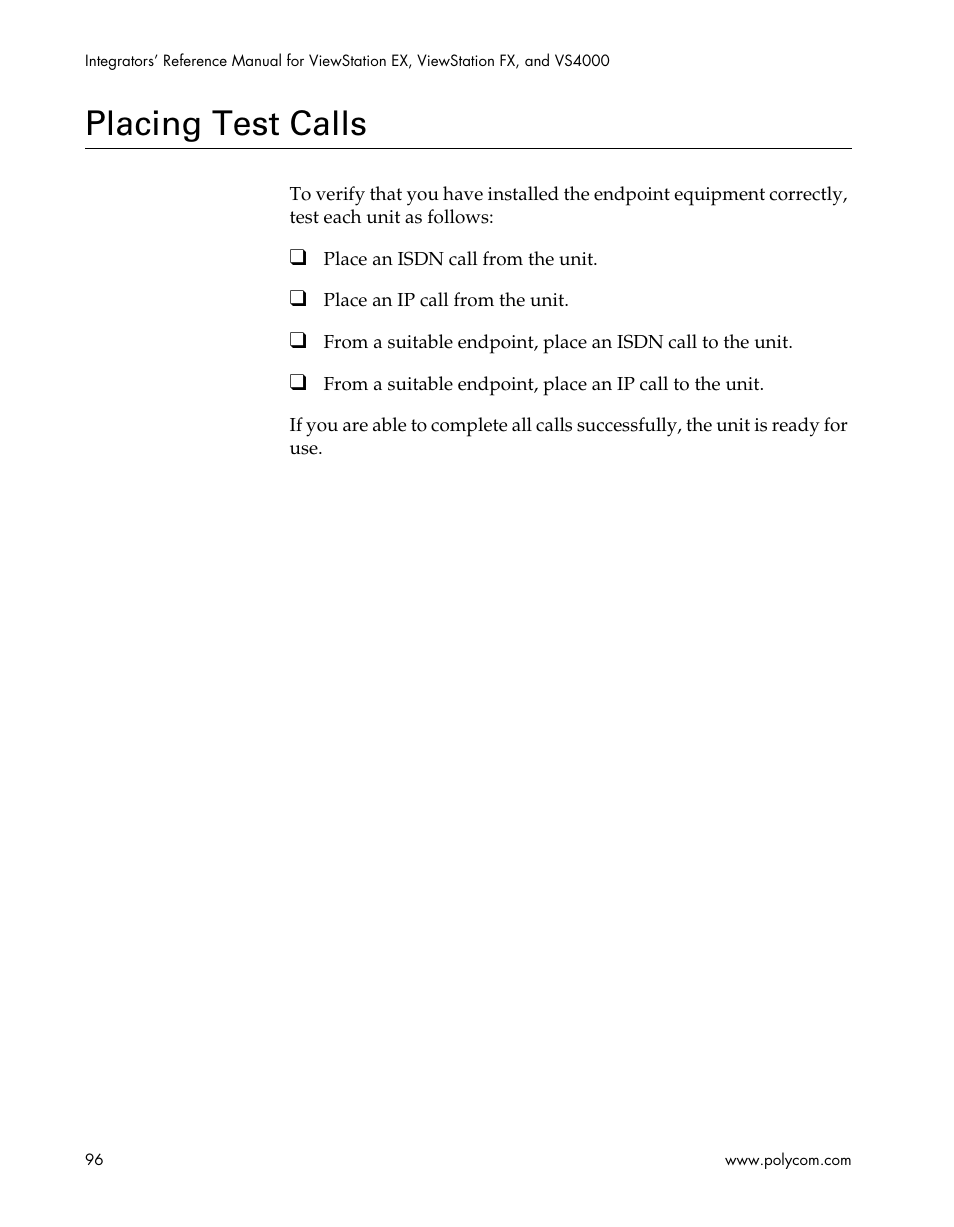 Placing test calls | Polycom ViewStation EX4000 User Manual | Page 106 / 150