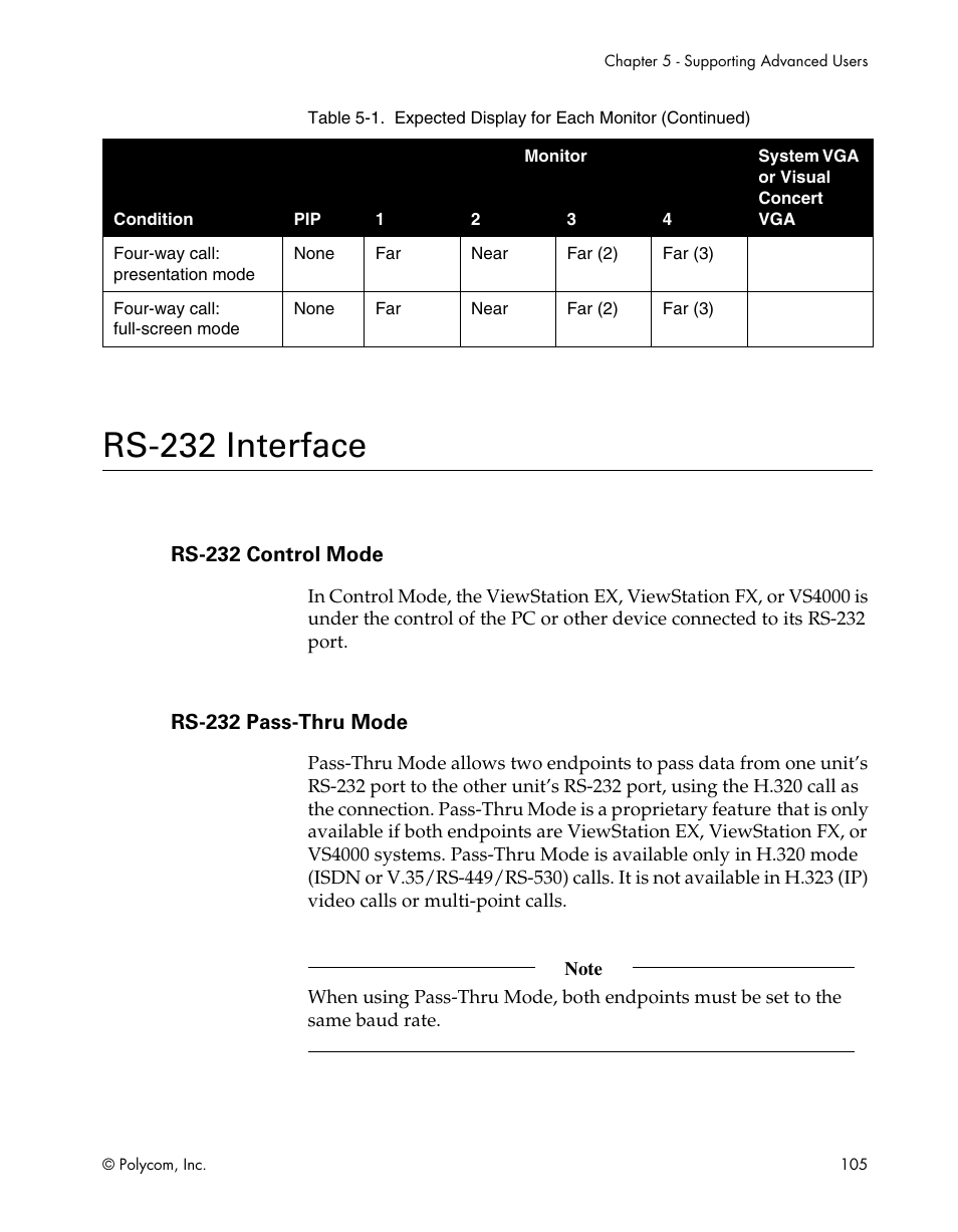Rs-232 interface, Rs-232 control mode, Rs-232 pass-thru mode | Polycom ViewStation EX4000 User Manual | Page 115 / 150