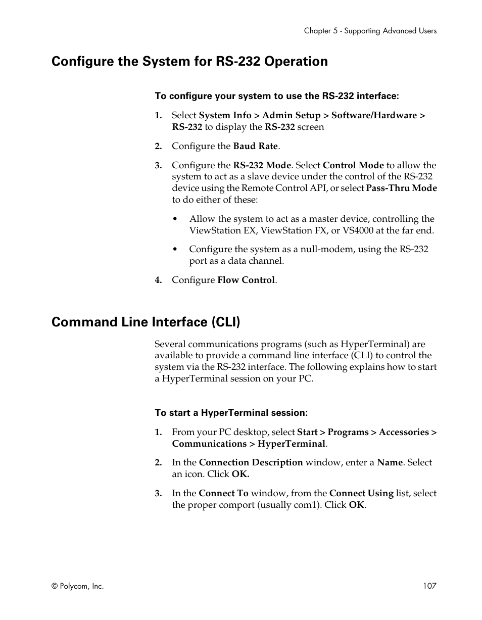 Configure the system for rs-232 operation, Command line interface (cli) | Polycom ViewStation EX4000 User Manual | Page 117 / 150