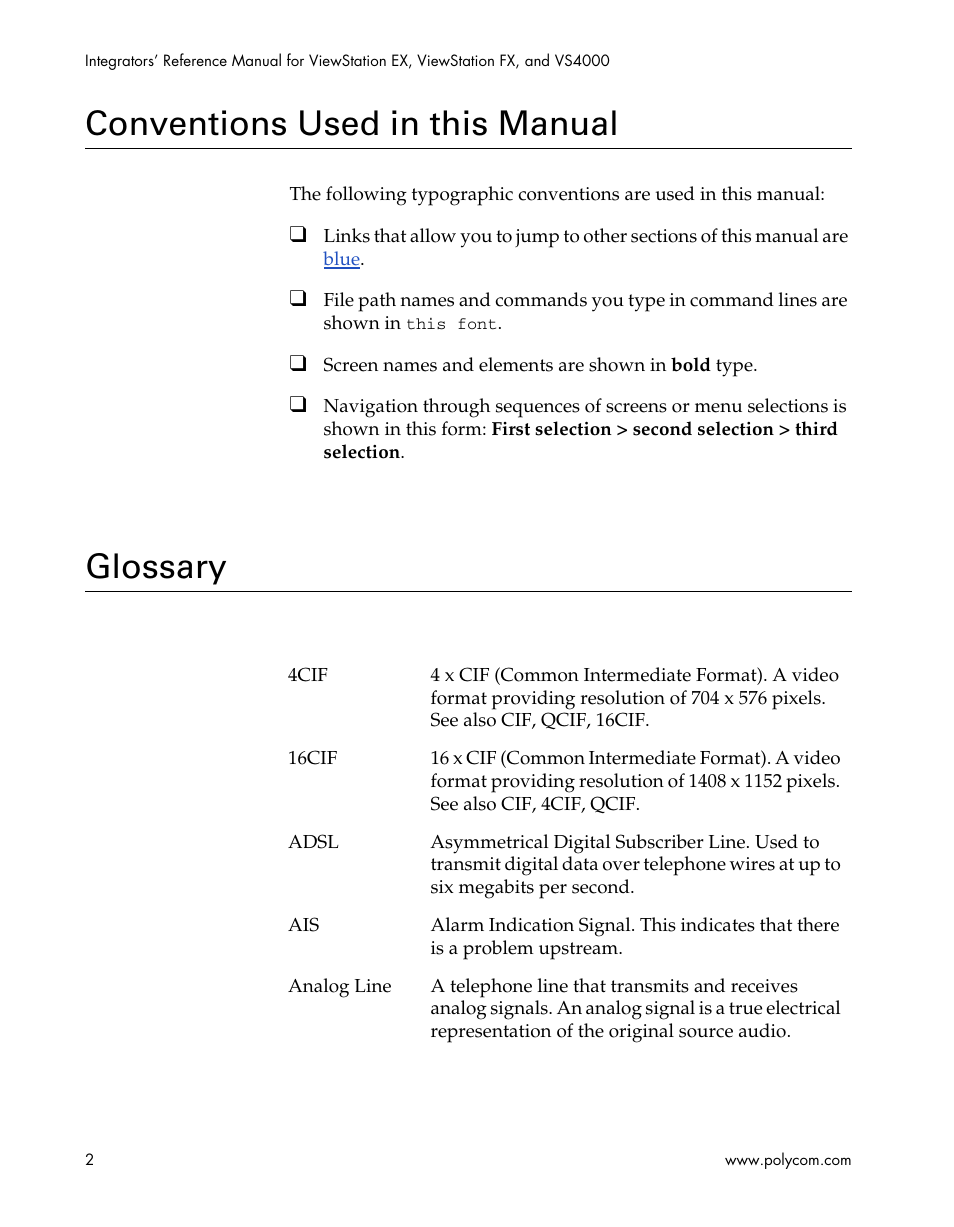 Conventions used in this manual, Glossary | Polycom ViewStation EX4000 User Manual | Page 12 / 150