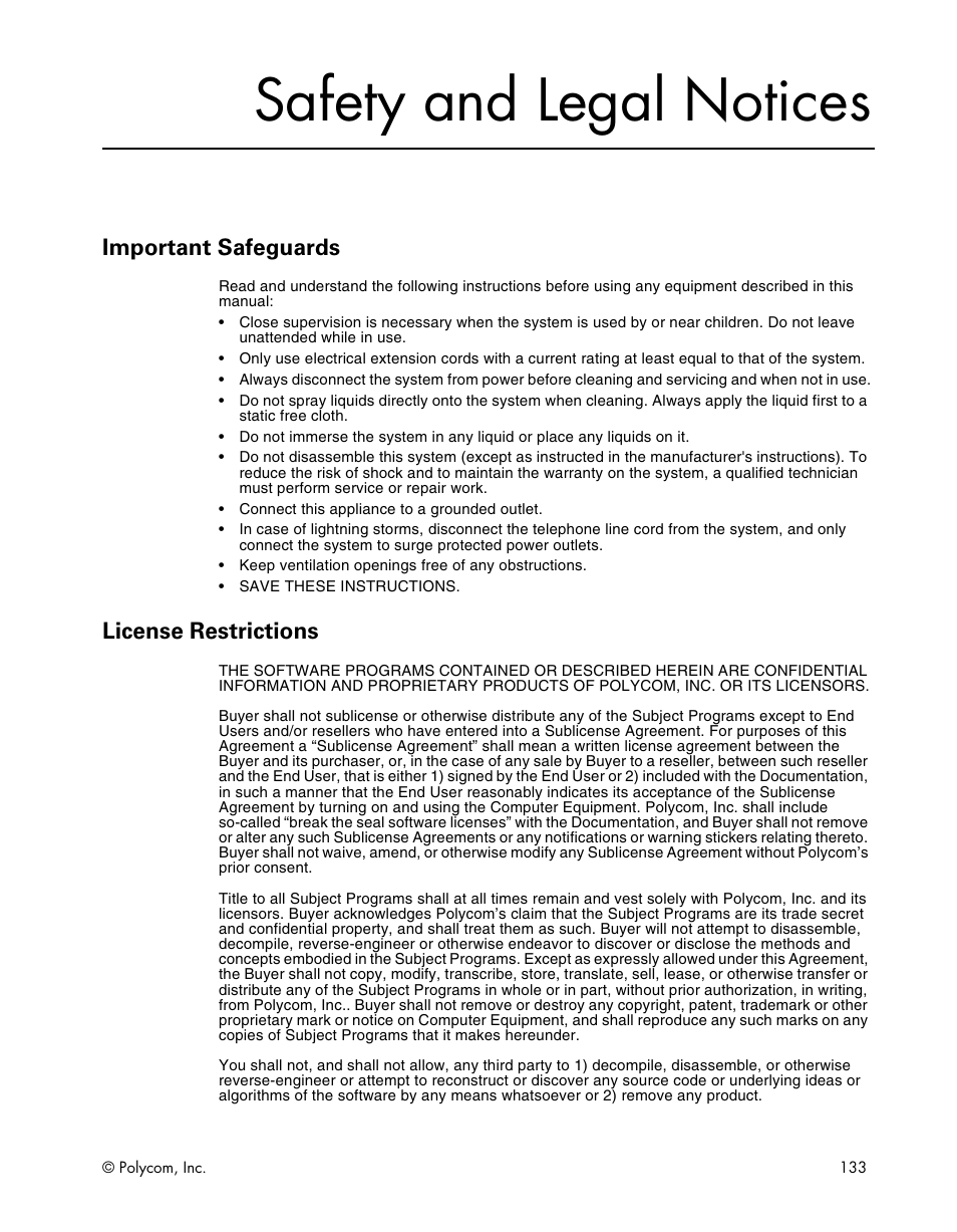 Safety and legal notices, Important safeguards, License restrictions | Polycom ViewStation EX4000 User Manual | Page 143 / 150