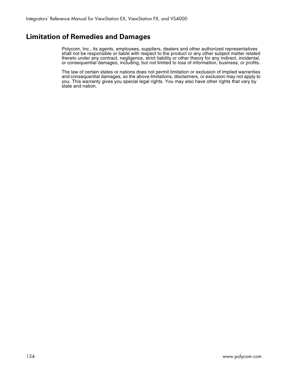 Limitation of remedies and damages | Polycom ViewStation EX4000 User Manual | Page 144 / 150
