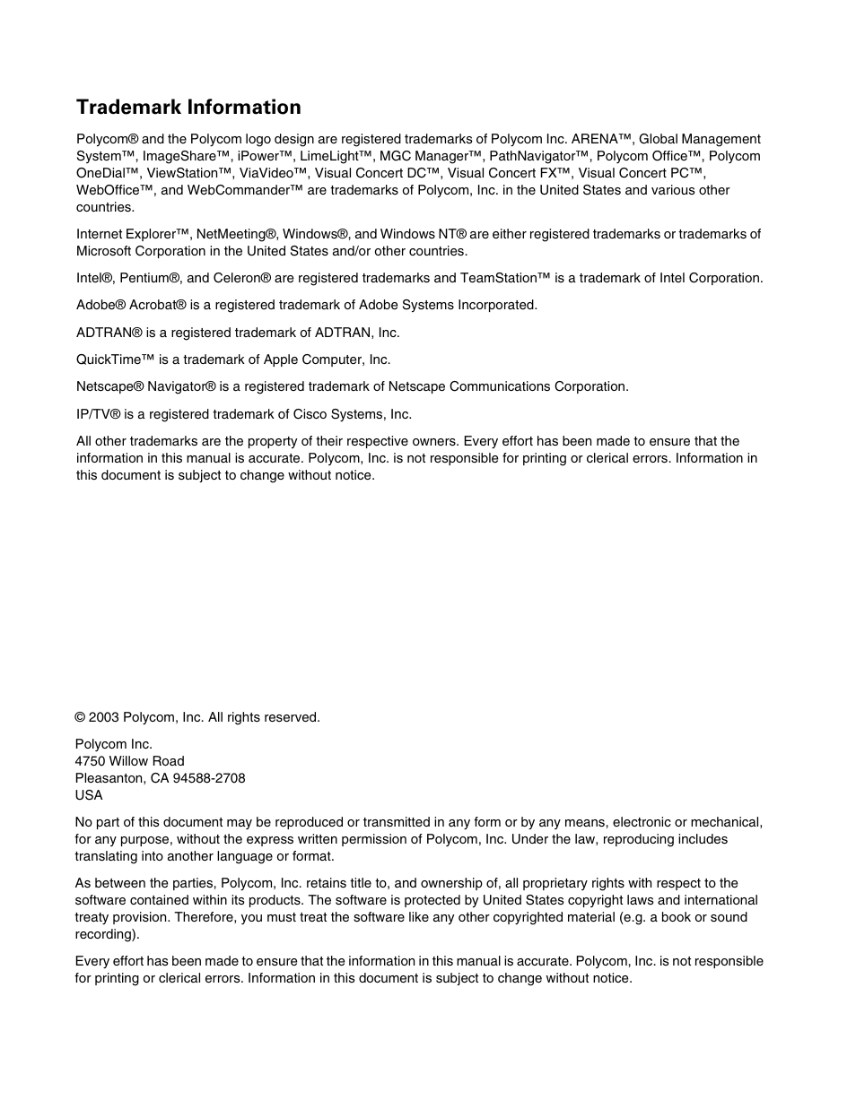 Trademark information | Polycom ViewStation EX4000 User Manual | Page 2 / 150