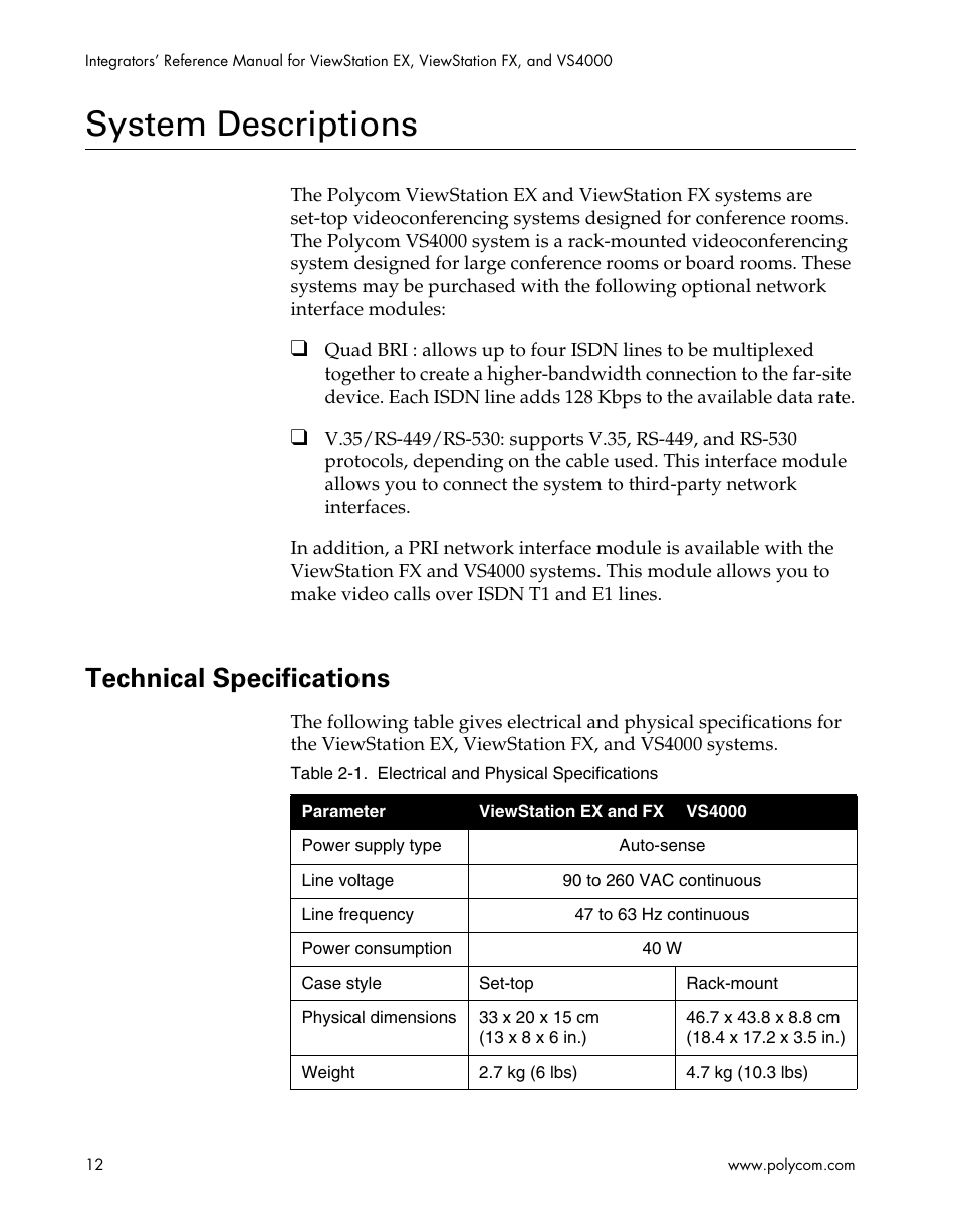 System descriptions, Technical specifications | Polycom ViewStation EX4000 User Manual | Page 22 / 150