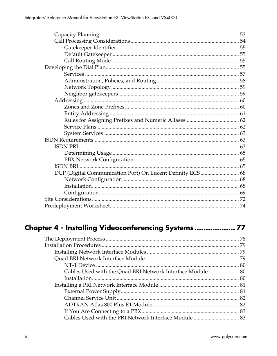 Chapter 4 - installing videoconferencing systems | Polycom ViewStation EX4000 User Manual | Page 4 / 150