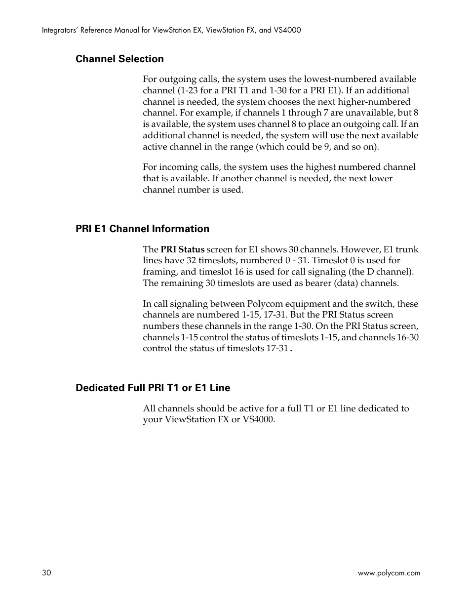 Channel selection, Pri e1 channel information, Dedicated full pri t1 or e1 line | Polycom ViewStation EX4000 User Manual | Page 40 / 150