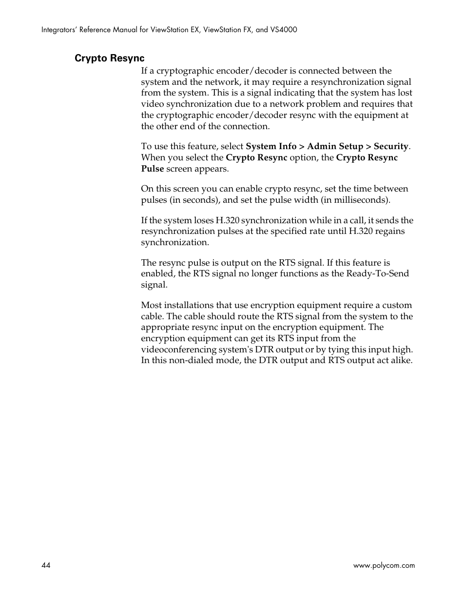 Crypto resync | Polycom ViewStation EX4000 User Manual | Page 54 / 150