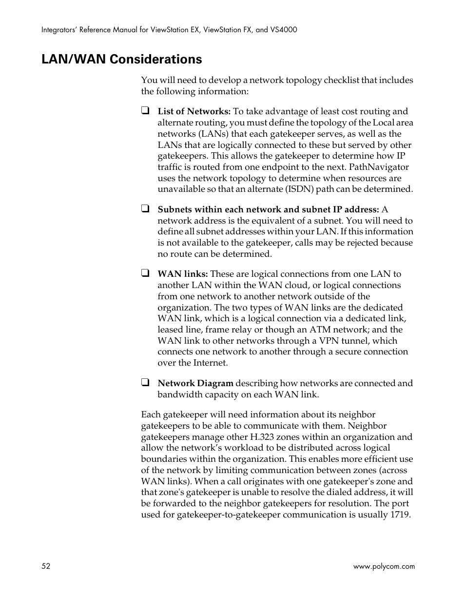 Lan/wan considerations | Polycom ViewStation EX4000 User Manual | Page 62 / 150