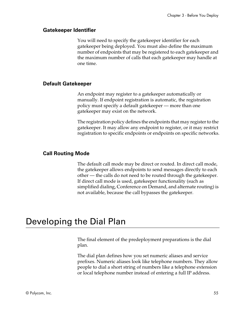 Gatekeeper identifier, Default gatekeeper, Call routing mode | Developing the dial plan | Polycom ViewStation EX4000 User Manual | Page 65 / 150