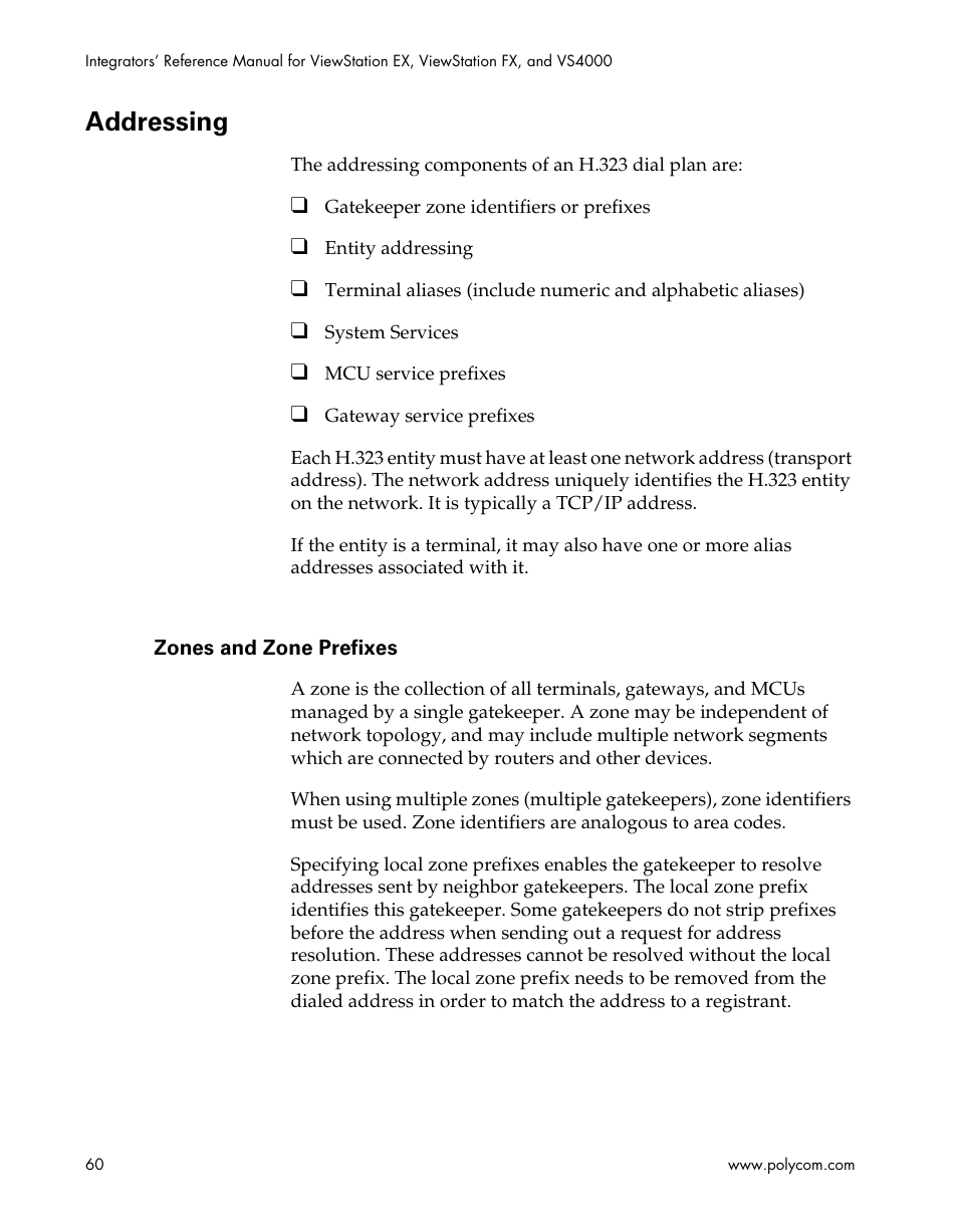 Addressing, Zones and zone prefixes | Polycom ViewStation EX4000 User Manual | Page 70 / 150