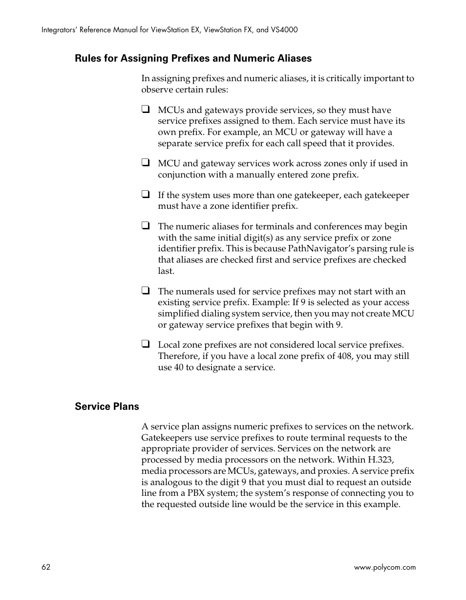 Rules for assigning prefixes and numeric aliases, Service plans | Polycom ViewStation EX4000 User Manual | Page 72 / 150